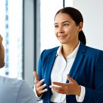 A professional female Well-being Coordinator, mid-30s, with a warm, approachable expression, standing confidently in a bright, modern corporate office. She is wearing a modest business suit in a calming color. In the background, a diverse group of employees are seated, participating in a wellness workshop, perhaps engaged in a light mindfulness exercise or discussion. The setting is clean and spacious, with soft lighting. Professional photography, natural lighting, high resolution, perfect anatomy, correct proportions, natural pose, well-formed hands, proper finger count, natural body proportions, fully clothed, modest clothing, appropriate attire, professional dress, safe for work, appropriate content, professional, family-friendly.