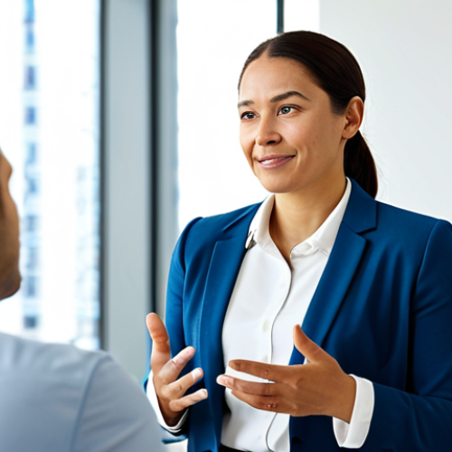 A professional female Well-being Coordinator, mid-30s, with a warm, approachable expression, standing confidently in a bright, modern corporate office. She is wearing a modest business suit in a calming color. In the background, a diverse group of employees are seated, participating in a wellness workshop, perhaps engaged in a light mindfulness exercise or discussion. The setting is clean and spacious, with soft lighting. Professional photography, natural lighting, high resolution, perfect anatomy, correct proportions, natural pose, well-formed hands, proper finger count, natural body proportions, fully clothed, modest clothing, appropriate attire, professional dress, safe for work, appropriate content, professional, family-friendly.