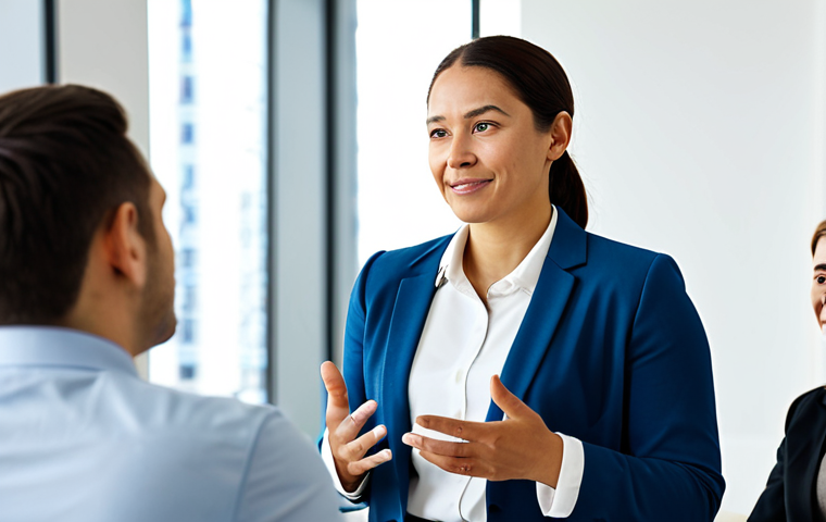 A professional female Well-being Coordinator, mid-30s, with a warm, approachable expression, standing confidently in a bright, modern corporate office. She is wearing a modest business suit in a calming color. In the background, a diverse group of employees are seated, participating in a wellness workshop, perhaps engaged in a light mindfulness exercise or discussion. The setting is clean and spacious, with soft lighting. Professional photography, natural lighting, high resolution, perfect anatomy, correct proportions, natural pose, well-formed hands, proper finger count, natural body proportions, fully clothed, modest clothing, appropriate attire, professional dress, safe for work, appropriate content, professional, family-friendly.