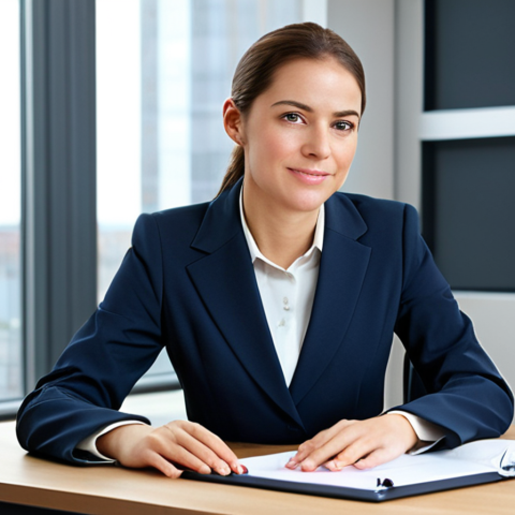 **

A professional businesswoman in a modest business suit, sitting at a desk in a modern office, fully clothed, appropriate attire, safe for work, perfect anatomy, natural proportions, professional photography, high quality.

**