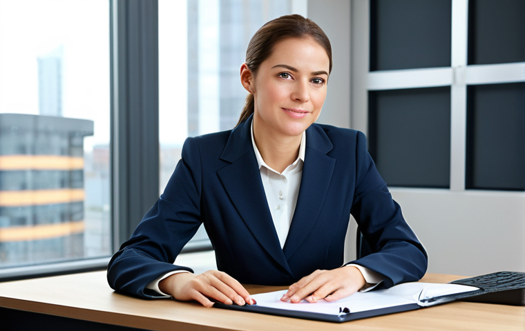 **
A professional businesswoman in a modest business suit, sitting at a desk in a modern office, fully clothed, appropriate attire, safe for work, perfect anatomy, natural proportions, professional photography, high quality.
**