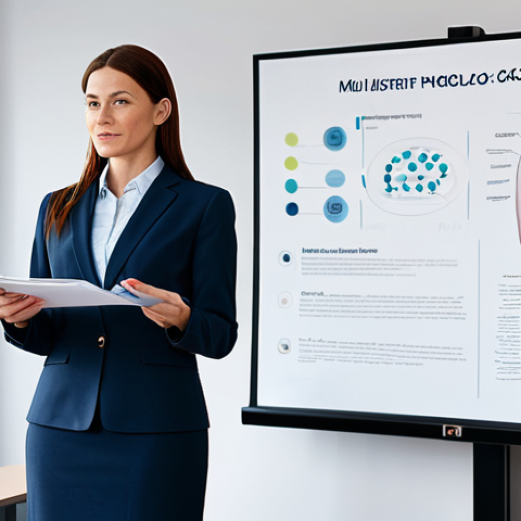 "A professional female wellbeing coordinator in modest business attire, giving a presentation in a modern office setting, fully clothed, appropriate content, safe for work, perfect anatomy, natural proportions, professional environment."