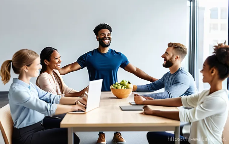 웰빙코디네이터와 기업 복지 설계 - **Prompt 1: Thriving Workplace Wellness**
A vibrant, modern office environment filled with a div...
