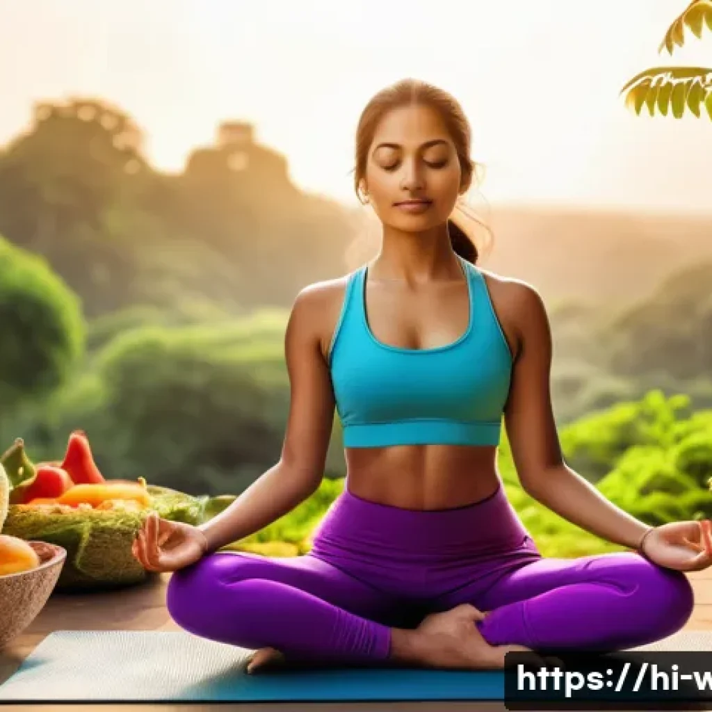 웰빙코디네이터와 건강 코칭 전략 - A vibrant scene of a young Indian woman in comfortable workout clothes doing yoga outdoors at sunris...