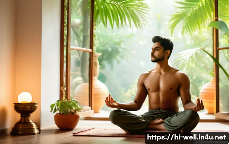 웰빙코디네이터와 건강 코칭 기술 - A serene morning scene featuring a young Hindi-speaking man performing light exercise and meditation...