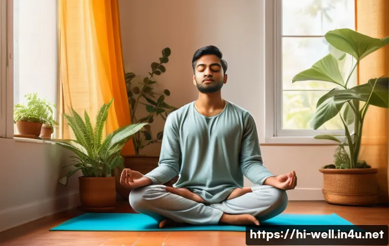 웰빙코디네이터와 생활 습관 개선 - A serene morning scene of a young Indian man practicing meditation in a sunlit room decorated with t...