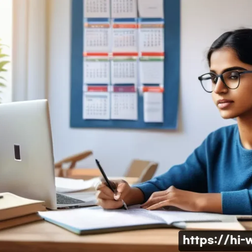웰빙코디네이터 자격증 시험 준비 일정 - A focused young Indian woman sitting at a study desk in a bright, cozy room filled with books and a ...