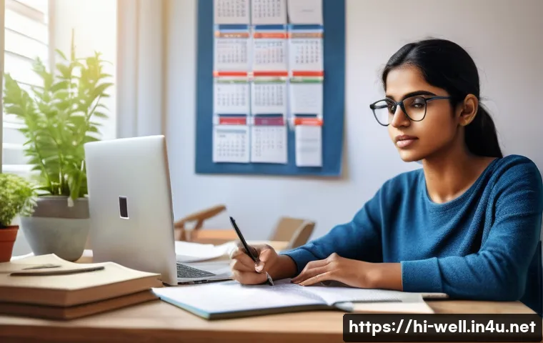 웰빙코디네이터 자격증 시험 준비 일정 - A focused young Indian woman sitting at a study desk in a bright, cozy room filled with books and a ...