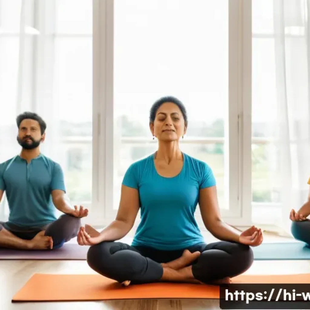 웰빙코디네이터와 실무 스킬 향상법 - A serene and warm scene of a wellbeing coordinator conducting a yoga and pranayama session in a brig...