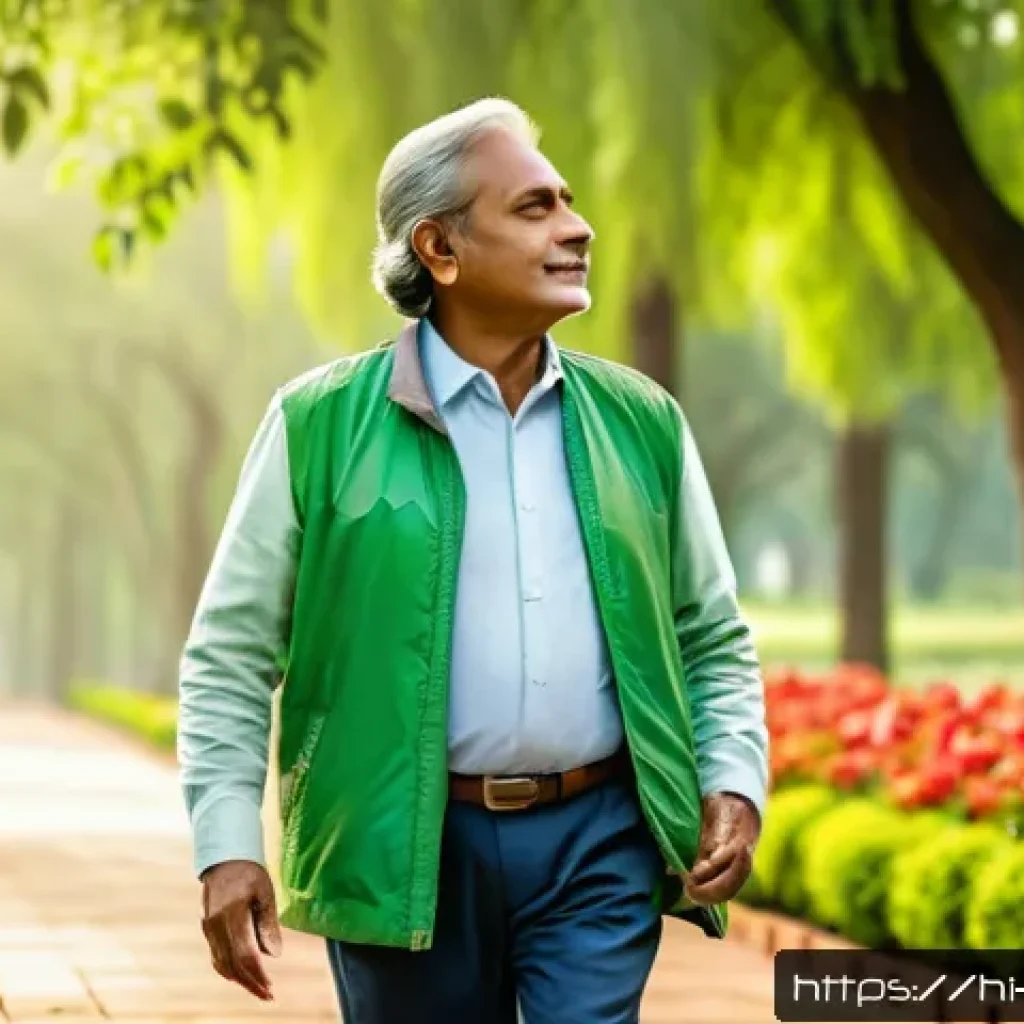 웰빙코디네이터와 지속 가능한 웰빙 - A peaceful morning scene showing a middle-aged Indian man taking a gentle walk in a lush green park ...