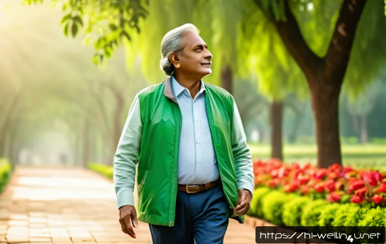 웰빙코디네이터와 지속 가능한 웰빙 - A peaceful morning scene showing a middle-aged Indian man taking a gentle walk in a lush green park ...