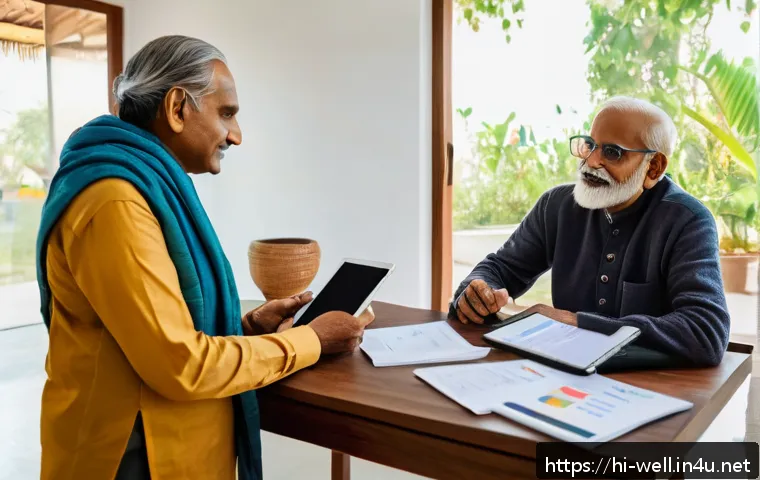 웰빙코디네이터와 고객 건강 플랜 설계 - A wellness coordinator consulting with a middle-aged Indian man in a bright, modern home setting, di...