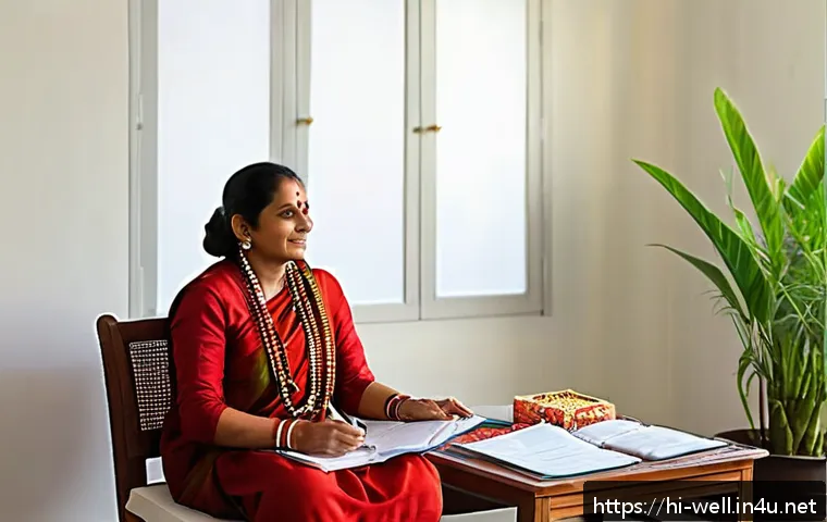 웰빙코디네이터와 맞춤형 운동 계획 - A serene wellness coordinator session with a Hindi-speaking woman in traditional attire, sitting com...