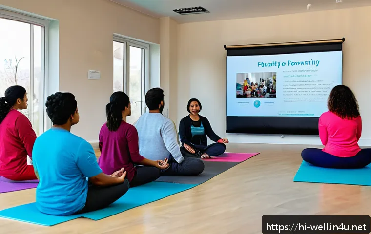 웰빙코디네이터 자격증 비전 - A professional wellbeing coordinator conducting a balanced wellness workshop in a bright, modern com...