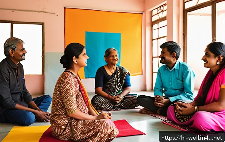 웰빙코디네이터 실습 장소 찾기 - A diverse group of people from various age groups and backgrounds engaged in a community wellbeing a...