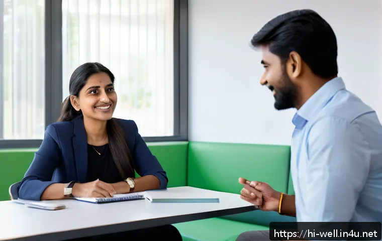 웰빙코디네이터와 고객 신뢰 구축 사례 - A professional wellbeing coordinator engaging in a warm and open conversation with a Hindi-speaking ...