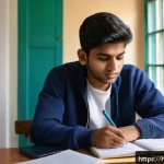 Home 18 웰빙코디네이터 자격시험 과목별 공부법 - A focused Indian student sitting at a study desk in a cozy room filled with sociology and mental hea...