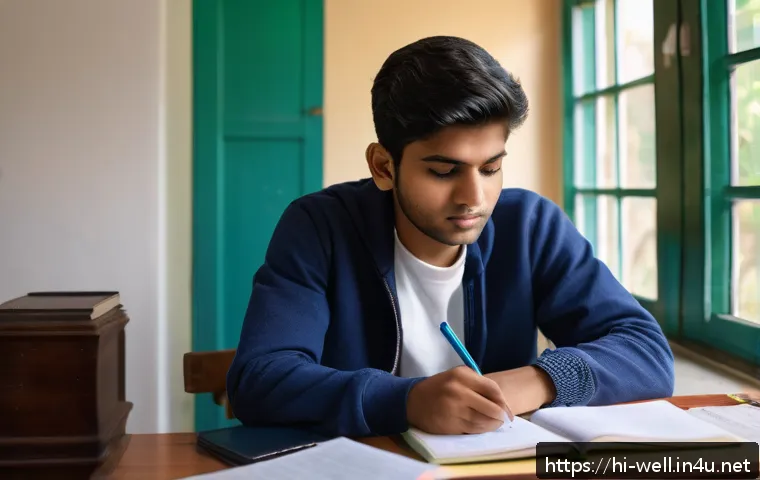 웰빙코디네이터 자격시험 과목별 공부법 - A focused Indian student sitting at a study desk in a cozy room filled with sociology and mental hea...