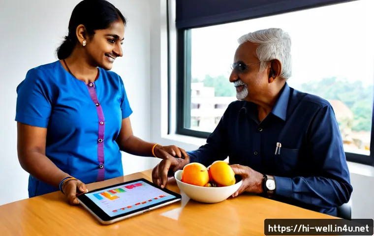웰빙코디네이터와 최신 건강 연구 사례 - Photorealistic Indian wellness coordinator in a bright modern community health center, warmly consul...