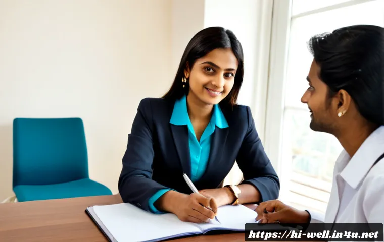 웰빙코디네이터와 성공적인 면접 기술 - Photorealistic wellness coordinator job interview in a bright modern Indian healthcare office, confi...